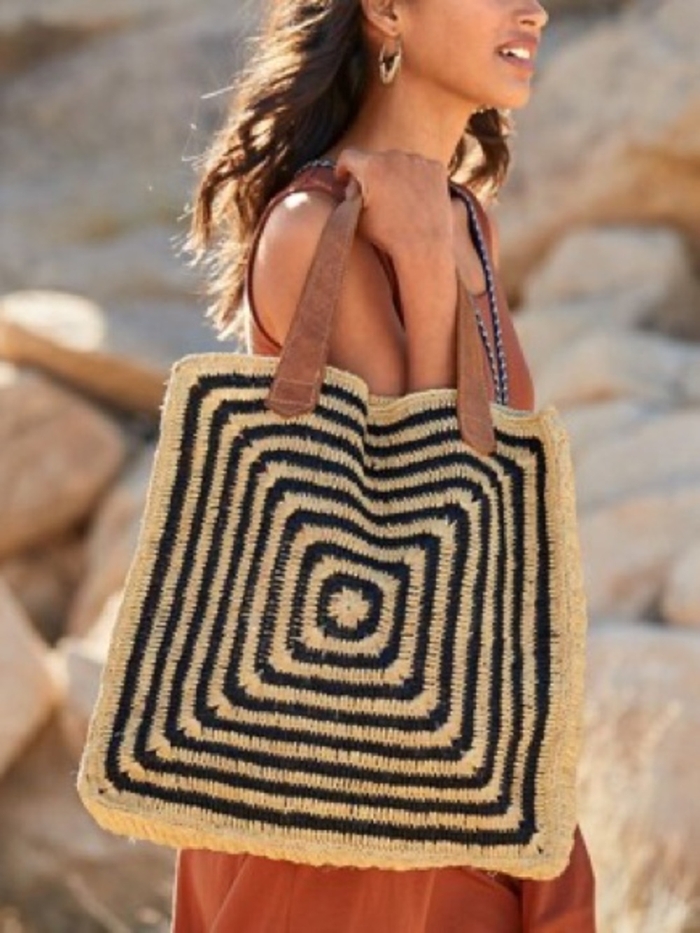 Mar Y Sol Panama Tote Black Tan Raffia Palm Leather Handle Beach Bag - Picture 5 of 15